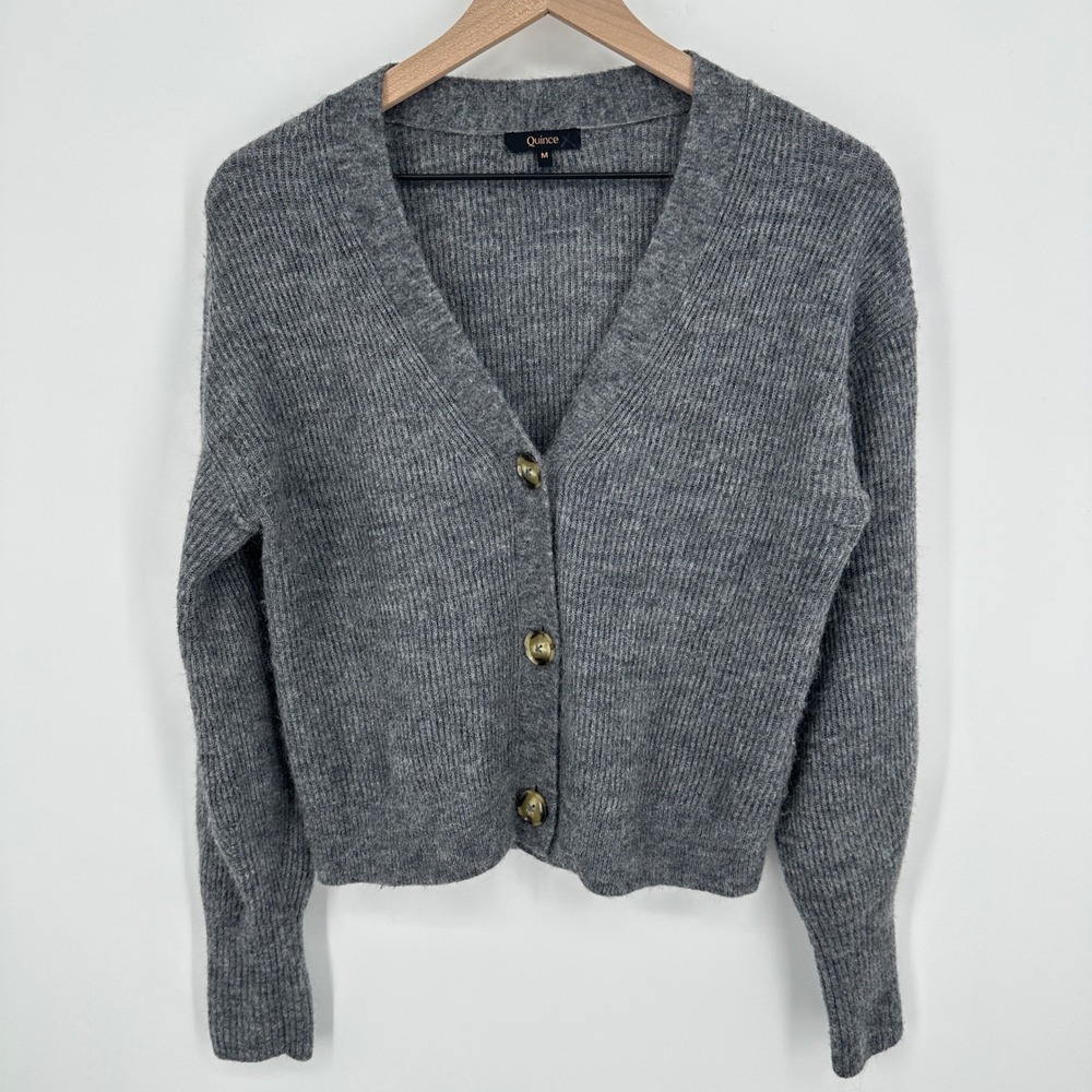 Quince Cardigan Medium Charcoal Baby Alpaca Wool Cropped Ribbed V-Neck Knit - Picture 1 of 7